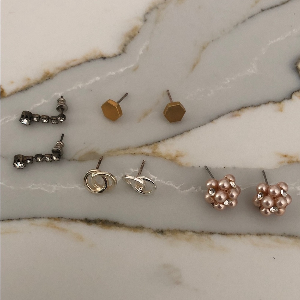 Mixed Stud Earring Set Rhinestones Pink Pearls, Silver Knots, Gold-tone